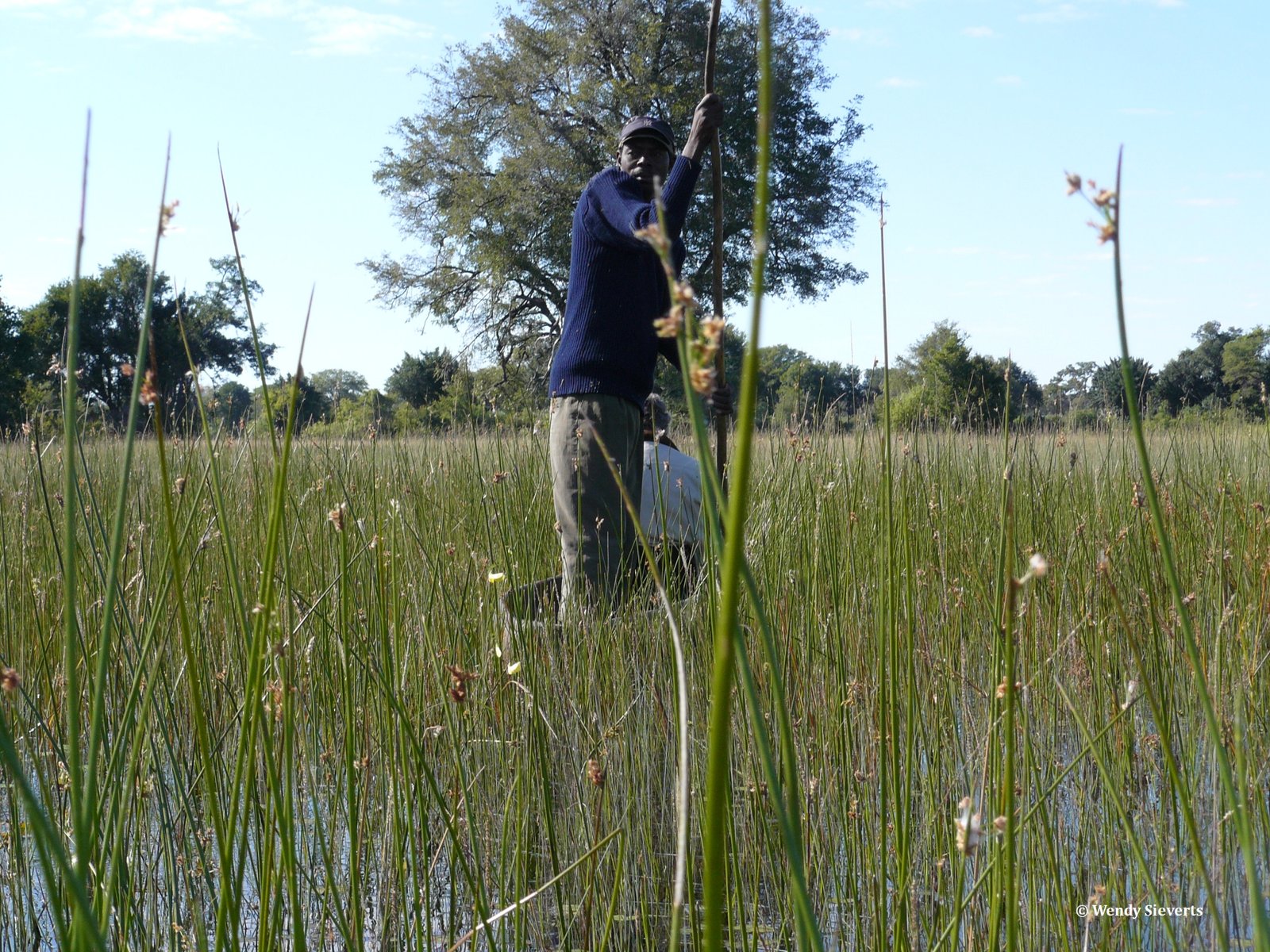 Visser met een uitgeholde boomstam als bootje in de Okavangodelta in Botswana